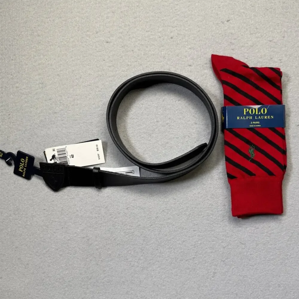Polo Ralph Lauren Men's Shield-Buckle Leather Belt W/ free socks, Black 42W $99
